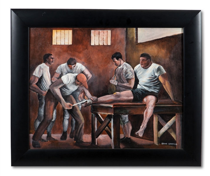 ERNIE BARNES 18" X 22" OIL ON CANVAS ORIGINAL PAINTING TITLED "DRESSING ROOM" (SDHOC COLLECTION)