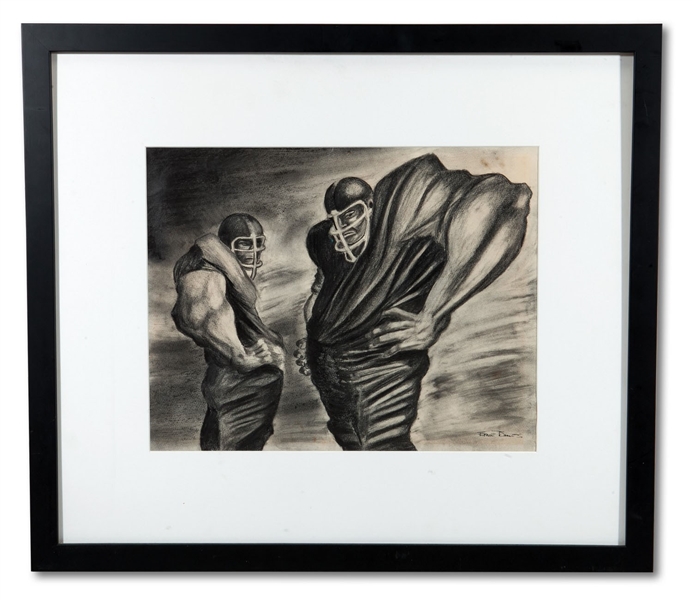 ERNIE BARNES 12" X 16" ORIGINAL CHARCOAL DRAWING TITLED "TWO AT THE READY" (SDHOC COLLECTION)