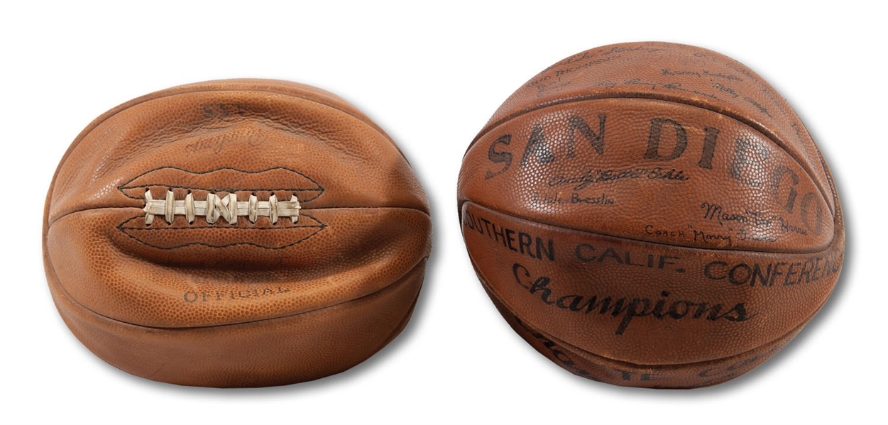 1936 HOOVER H.S. (SAN DIEGO) SO. CALIF. CHAMPIONSHIP GAME BALL AND 1939 SAN DIEGO STATE COLLEGE NAIB NATIONAL CHAMPION RUNNERS UP TEAM SIGNED BALL (SDHOC COLLECTION)