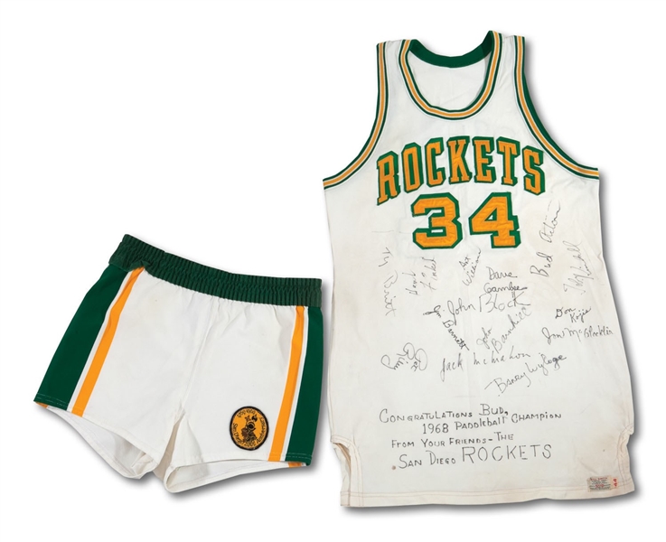 RARE 1967-68 JOHN BLOCK SAN DIEGO ROCKETS (INAUGURAL SEASON) GAME WORN & TEAM SIGNED JERSEY (PHOTO-MATCHED) WITH 1969 GAME WORN SHORTS (SDHOC COLLECTION)