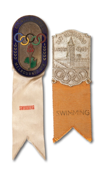 1948 LONDON AND 1956 MELBOURNE SUMMER OLYMPIC GAMES SWIMMING PARTICIPANTS BADGES (SDHOC COLLECTION)