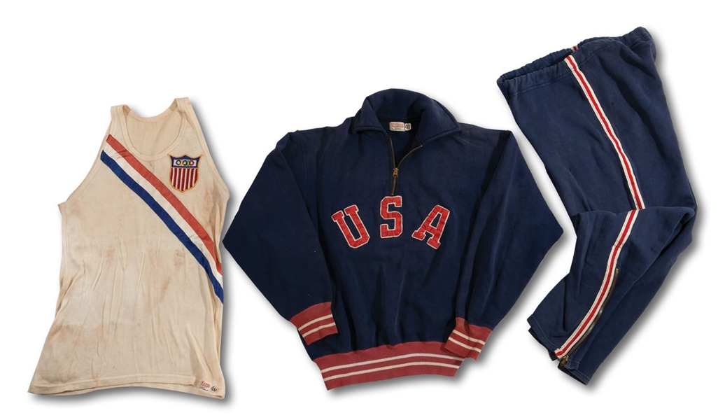 JACK DAVIS 1952 HELSINKI SUMMER OLYMPICS USA TRACK & FIELD JERSEY AND SWEATSUIT WORN BY THE 110 METER HURDLES SILVER MEDALIST (SDHOC COLLECTION)