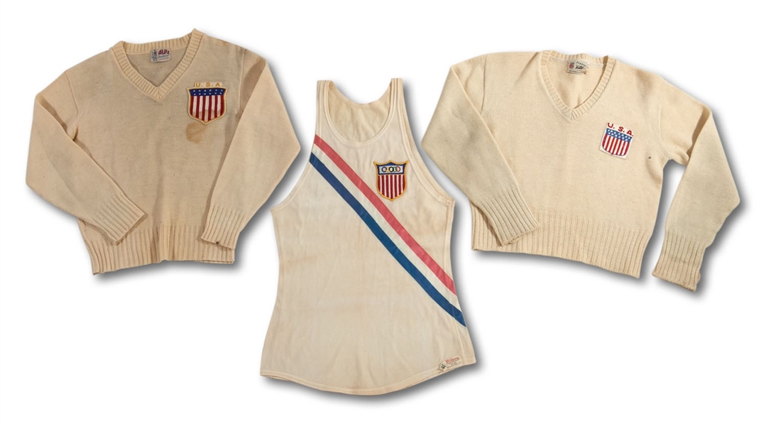 C.1950S SUMMER OLYMPIC GAMES USA TRACK & FIELD JERSEY AND PAIR OF TEAM USA OLYMPIC SWEATERS (SDHOC COLLECTION)