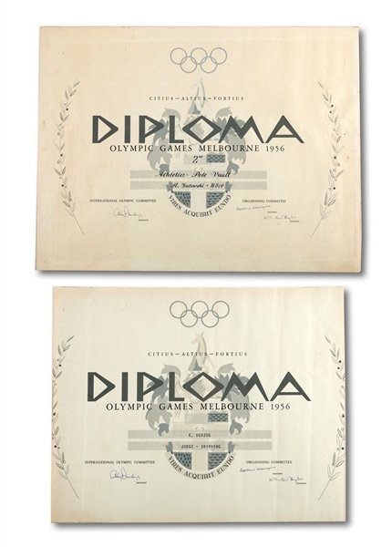 PAIR OF 1956 MELBOURNE OLYMPIC GAMES DIPLOMAS INCL. MENS POLE VAULT 2ND PLACE PRESENTED TO USA SILVER MEDALIST BOB GUTOWSKI (SDHOC COLLECTION)