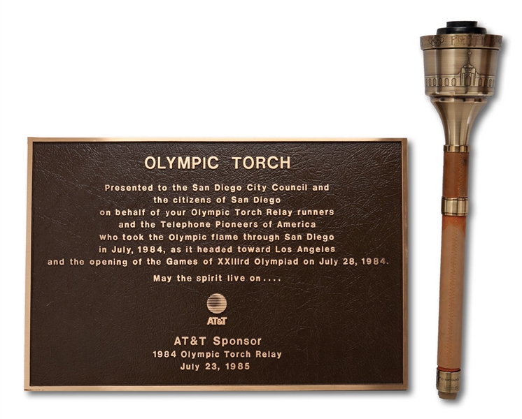 1984 L.A. SUMMER OLYMPIC GAMES USED RELAY TORCH AND COMMEMORATIVE METAL PLAQUE AWARDED TO THE CITIZENS OF SAN DIEGO (SDHOC COLLECTION)