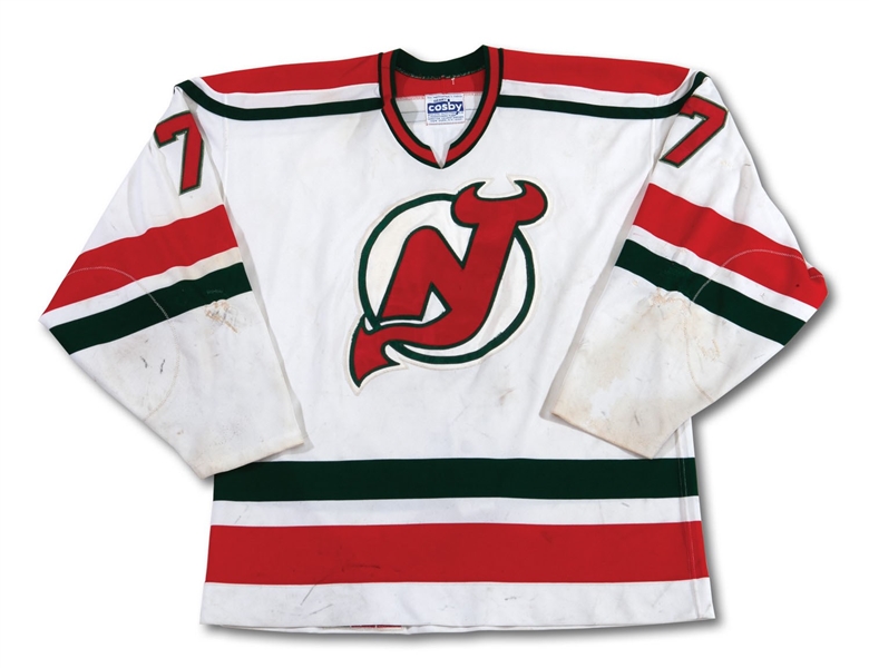 1985-86 PETER MCNAB NEW JERSEY DEVILS GAME WORN JERSEY POUNDED WITH USE & NUMEROUS TEAM REPAIRS (SDHOC COLLECTION)
