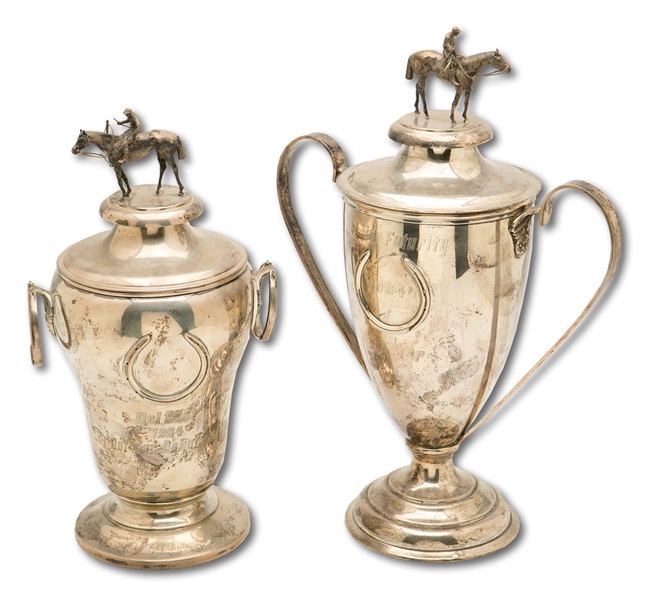 PAIR OF 1984 DEL MAR RACETRACK FUTURITY AND DEBUTANTE STAKES CHAMPION TROPHIES WON BY SARATOGA SIX AND FIESTA LADY - ONE MARKED STERLING SILVER (SDHOC COLLECTION)