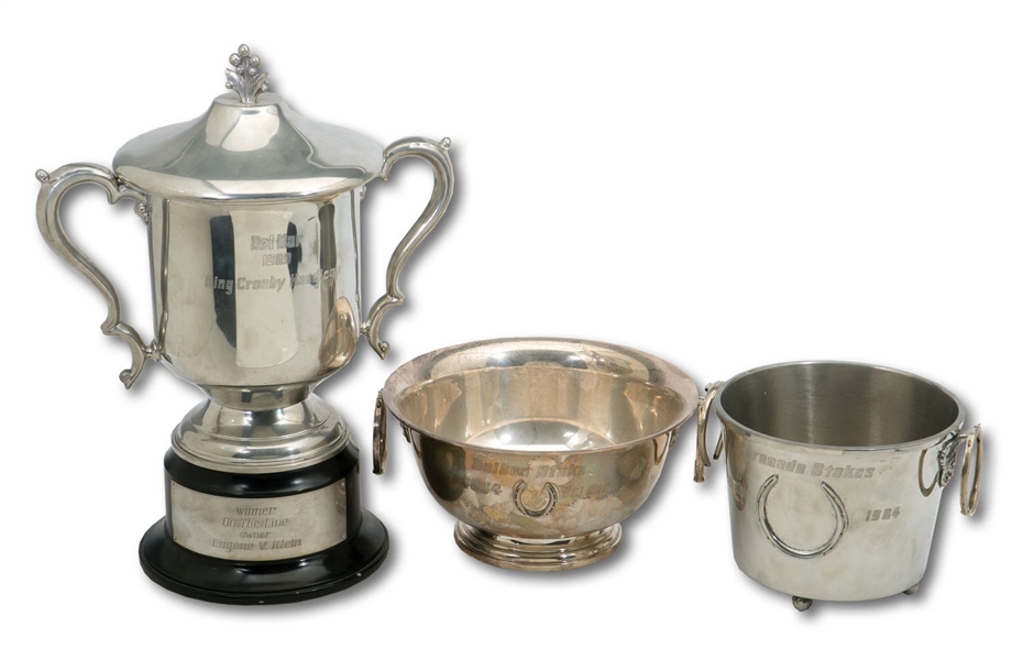TRIO OF 1980S DEL MAR RACETRACK CHAMPION TROPHIES INCL. BING CROSBY HANDICAP (ON THE LINE), CORONADO STAKES (ALYANNA) AND STERLING SILVER BALBOA STAKES WINNER (SDHOC COLLECTION)