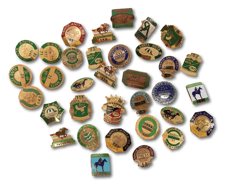 LARGE COLLECTION OF 1950-80S HORSE RACING PRESS PINS INCLUDING 1955-1980 DEL MAR COMPLETE RUN, SANTA ANITA, HOLLYWOOD PARK AND OTHER MOSTLY CALIFORNIA TRACKS (SDHOC COLLECTION)