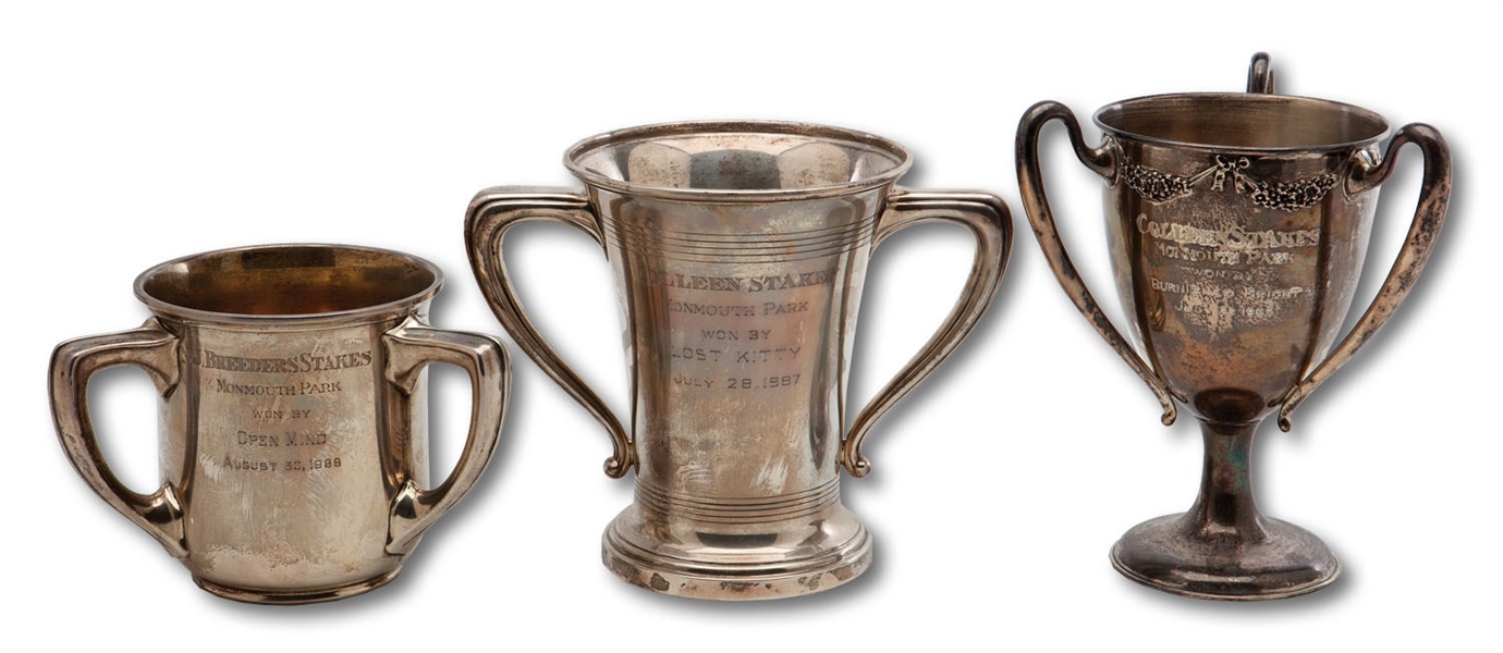 TRIO OF LATE 1980S MONMOUTH PARK CHAMPION STERLING SILVER TROPHIES WON BY OPEN MIND, BURNISHED BRIGHT AND LOST KITTY (SDHOC COLLECTION)