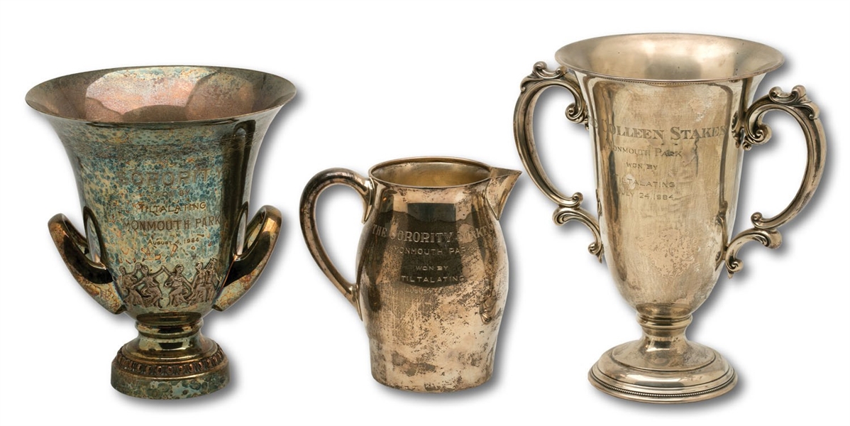 TRIO OF 1984 MONMOUTH PARK SORORITY AND COLLEEN STAKES CHAMPION TROPHIES WON BY TILTALATING - TWO STERLING SILVER (SDHOC COLLECTION)