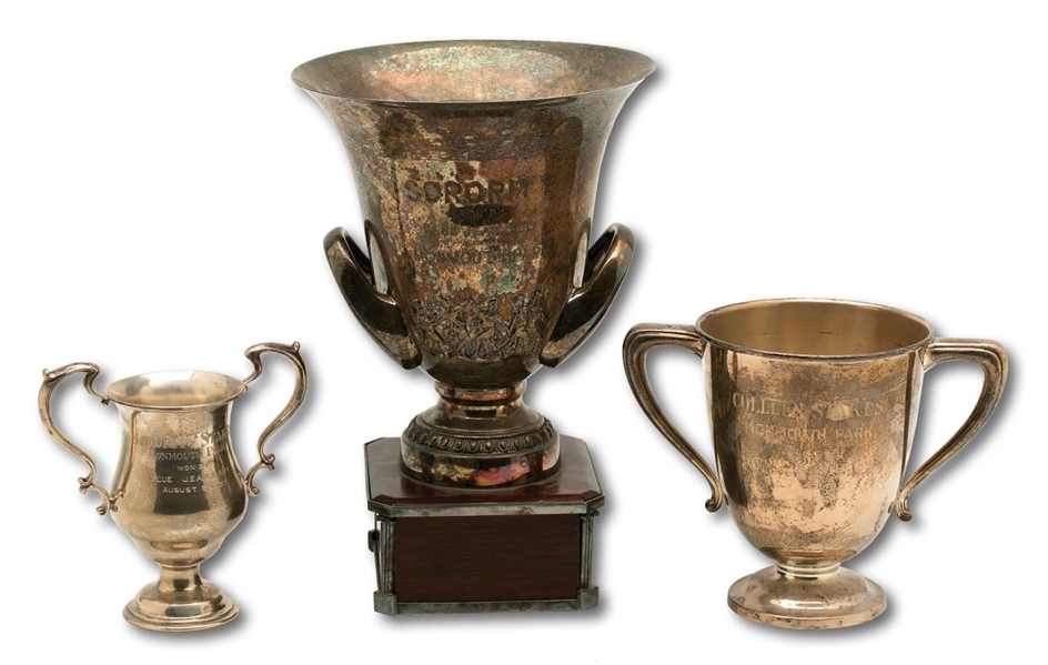 TRIO OF 1987 MONMOUTH PARK SORORITY AND COLLEEN STAKES CHAMPION TROPHIES WON BY BLUE JEAN BABY - TWO STERLING SILVER (SDHOC COLLECTION)
