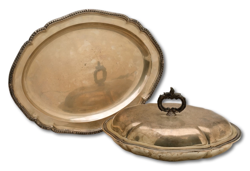 1986 WHITNEY (SARATOGA RACETRACK) CHAMPION SERVING DISH AND TRAY TROPHIES WON BY LADYS SECRET - ONE STERLING SILVER (SDHOC COLLECTION)