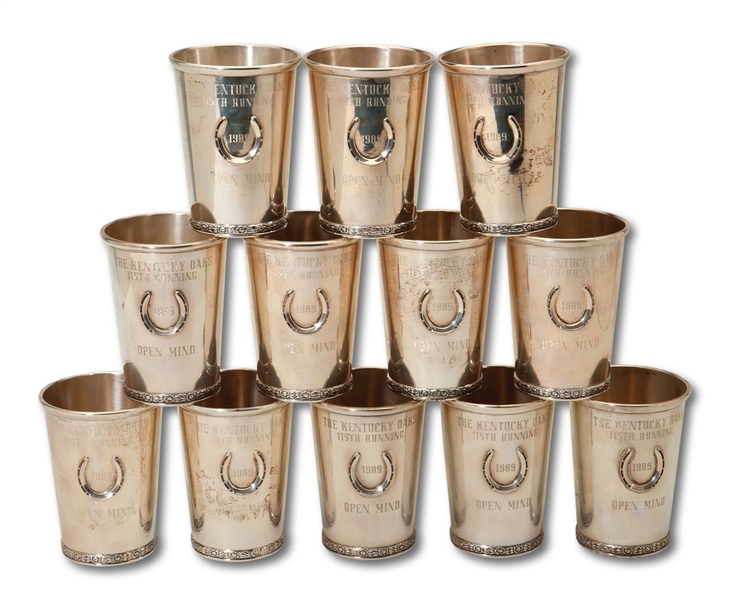 LOT OF (12) KENTUCKY DERBY STERLING SILVER MINT JULEP CUPS AWARDED TO 1989 KENTUCKY OAKS CHAMPION OPEN MIND IN ORIGINAL WOOD PRESENTATION BOX (SDHOC COLLECTION)