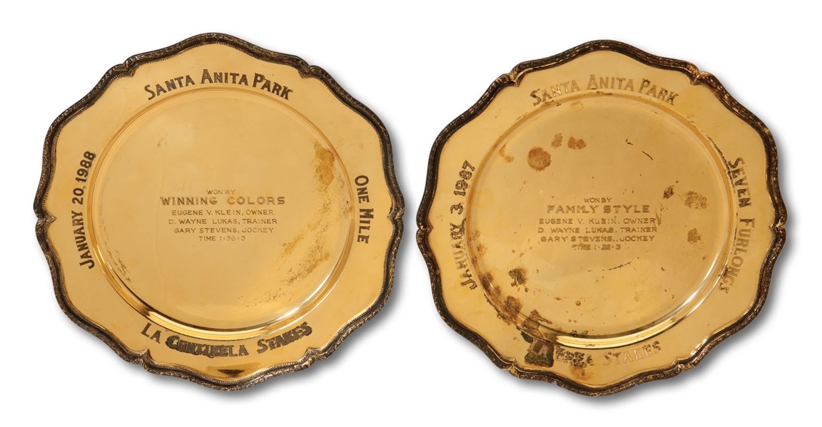 PAIR OF 1987 AND 1988 SANTA ANITA PARK ONE MILE & SEVEN FURLONGS CHAMPION STERLING SILVER PLATES WON BY WINNING COLORS AND FAMILY STYLE (SDHOC COLLECTION)