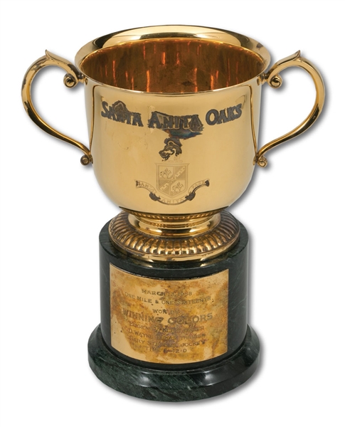 MAR. 13, 1988 SANTA ANITA OAKS 1 & 1/16 MILES CHAMPION STERLING SILVER TROPHY WON BY WINNING COLORS WITH JOCKEY GARY STEVENS (SDHOC COLLECTION)