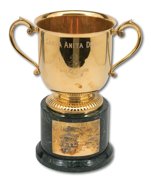 APRIL 9, 1988 SANTA ANITA DERBY 1 & 1/8 MILES CHAMPION STERLING SILVER TROPHY WON BY WINNING COLORS WITH JOCKEY GARY STEVENS (SDHOC COLLECTION)