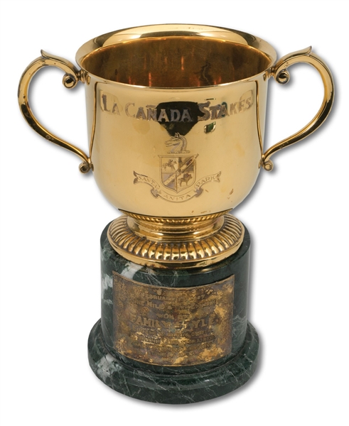 FEB. 15, 1987 LA CANADA STAKES (SANTA ANITA PARK) 1 & 1/8 MILES CHAMPION STERLING SILVER TROPHY WON BY FAMILY STYLE WITH JOCKEY GARY STEVENS (SDHOC COLLECTION)