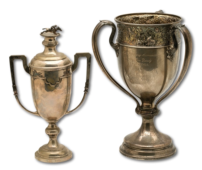 PAIR OF 1986 AND 1989 SARATOGA RACETRACK (N.Y.R.A.) BALLERINA AND JIM DANDY STAKES CHAMPION TROPHIES WON BY GENES LADY AND IS IT TRUE - ONE STERLING SILVER (SDHOC COLLECTION)