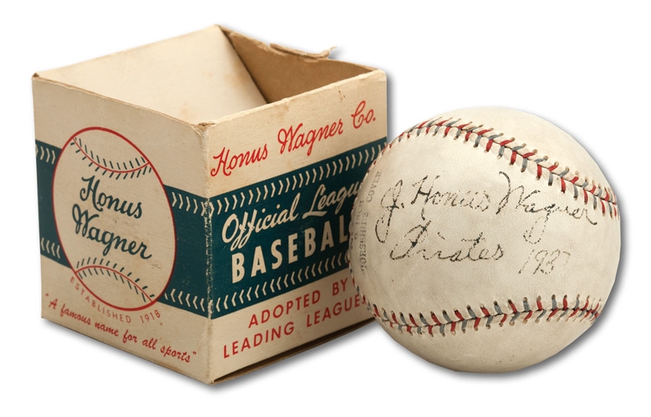 EXCEPTIONAL HONUS WAGNER SINGLE SIGNED HONUS WAGNER BRAND BASEBALL WITH ORIGINAL BALL BOX (SOURCED FROM WAGNER ESTATE)