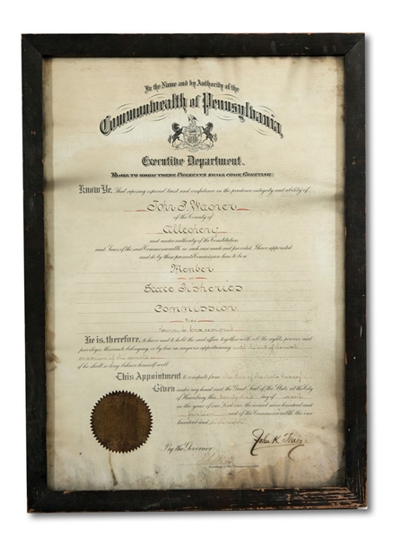 1914 HONUS WAGNER COMMONWEALTH OF PENNSYLVANIA CERTIFICATE TO THE STATE FISHERIES COMMISSION (WAGNER ESTATE)