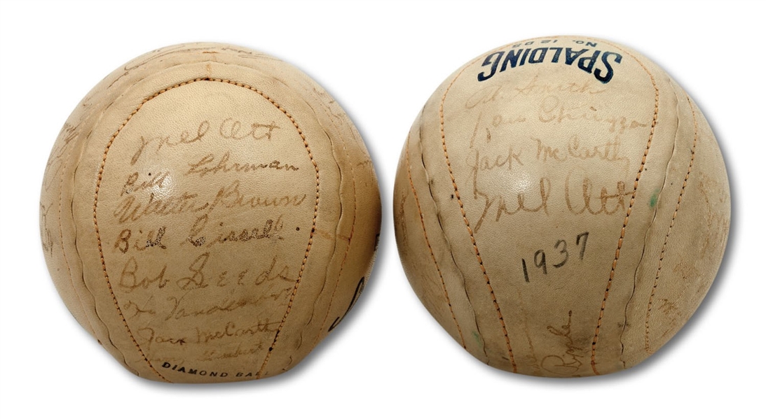 PAIR OF NEW YORK GIANTS 1937 NATIONAL LEAGUE CHAMPION AND 1938 TEAM SIGNED SPALDING SOFTBALLS EACH WITH MEL OTT
