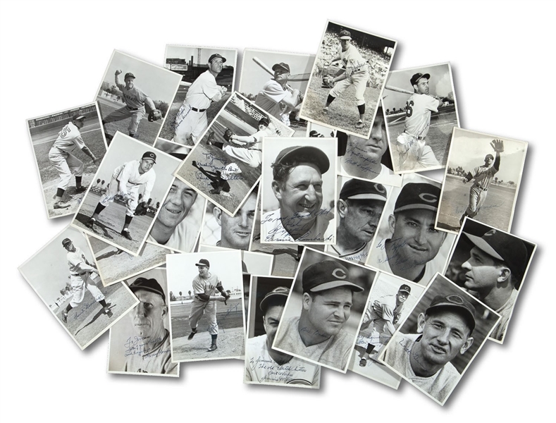 RARE 1940 CINCINNATI REDS (WORLD SERIES CHAMPIONS) LOT OF (27) ORIGINAL PHOTOGRAPHS WITH 25 AUTOGRAPHED & MANY INSCRIBED INCL. LOMBARDI & WALTERS