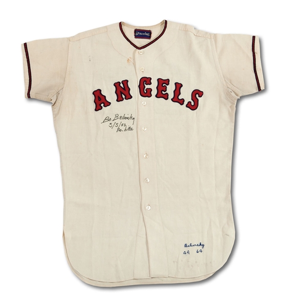 1964 BO BELINSKY SIGNED & INSCRIBED LOS ANGELES ANGELS GAME WORN HOME JERSEY