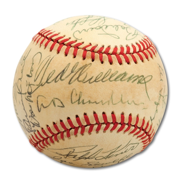 1980S HALL OF FAME INDUCTION MULTI-SIGNED BASEBALL INCL. WILLIAMS, MUSIAL, ETC.