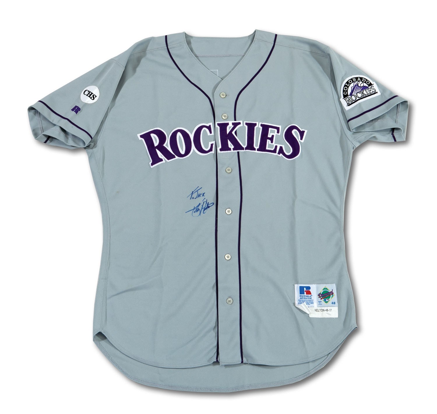 Lot Detail - 1999 TODD HELTON AUTOGRAPHED COLORADO ROCKIES GAME WORN ROAD  JERSEY WITH COLUMBINE HIGH SCHOOL PATCH (ROCKIES COA)