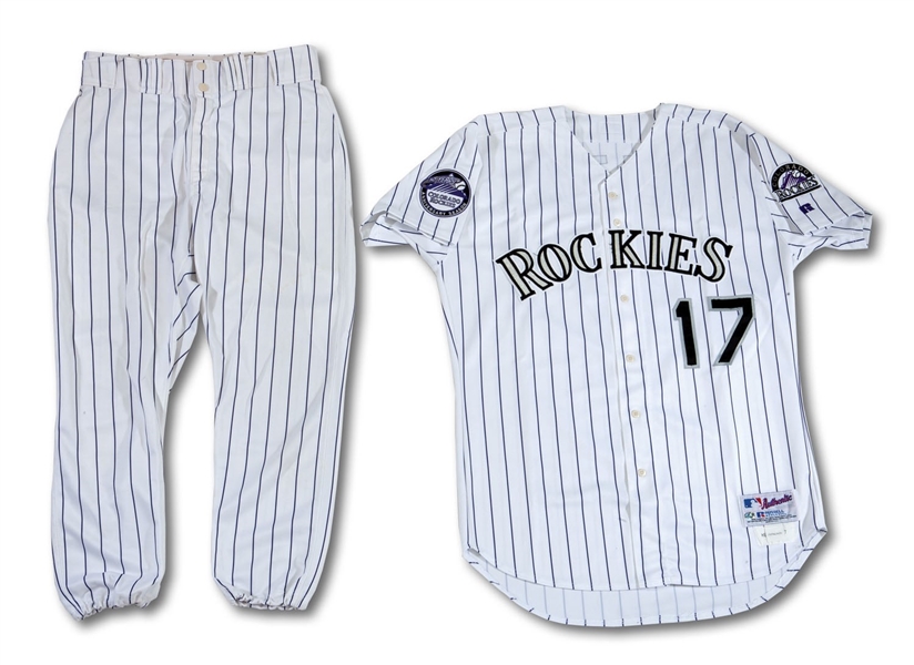 2002 TODD HELTON COLORADO ROCKIES GAME WORN HOME UNIFORM WITH 10-YEAR ANNIV. PATCH (ROCKIES COA)