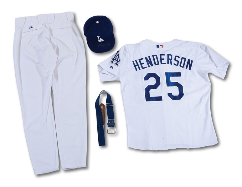 2003 RICKEY HENDERSON AUTOGRAPHED LOS ANGELES DODGERS GAME WORN HOME UNIFORM PLUS CAP AND BELT FROM HIS FINAL SEASON (HENDERSON LOAS)