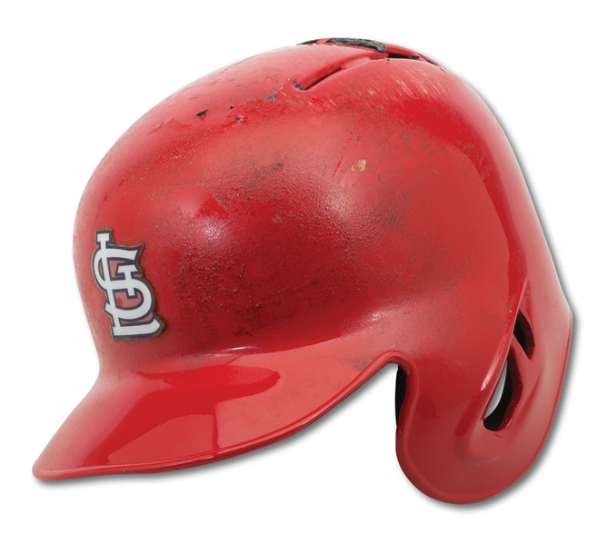 2014 YADIER MOLINA ST. LOUIS CARDINALS GAME WORN BATTING HELMET WITH OUTSTANDING USE (RESOLUTION PHOTO-MATCHED)