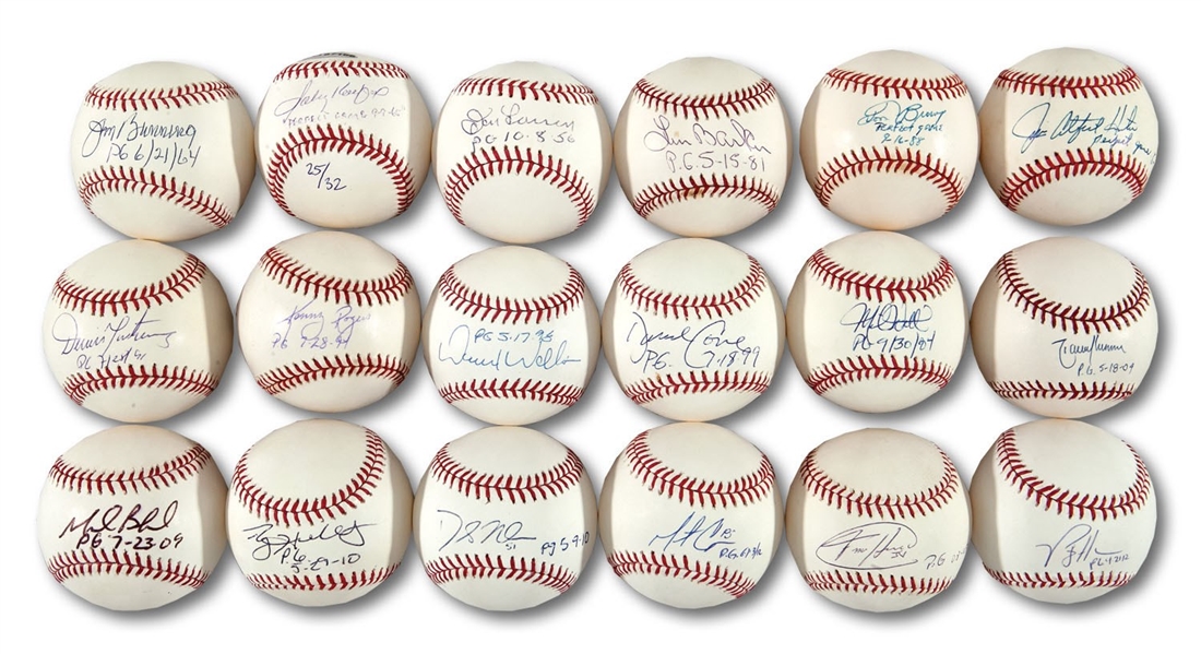 HIGH-GRADE PERFECT GAME PITCHERS LOT OF (18) DIFFERENT SINGLE SIGNED & DATE INSCRIBED BASEBALLS (MISSING ONLY 5 MEMBERS)