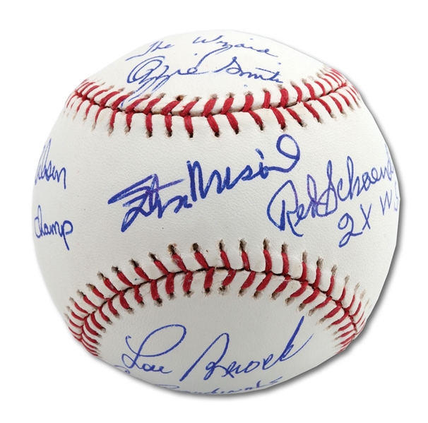 ST. LOUIS CARDINALS HALL OF FAMERS SIGNED & INSCRIBED BASEBALL INCL. MUSIAL, GIBSON, BROCK, SCHOENDIENST & OZZIE SMITH