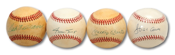 TED WILLIAMS, MICKEY MANTLE, HANK AARON AND WILLIE MAYS SINGLE SIGNED BASEBALLS (4)