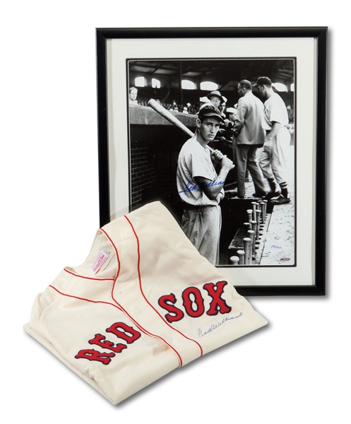 TED WILLIAMS UDA AUTOGRAPHED RED SOX REPLICA JERSEY AND LIMITED EDITION (#292/500) 16" X 20" PHOTO
