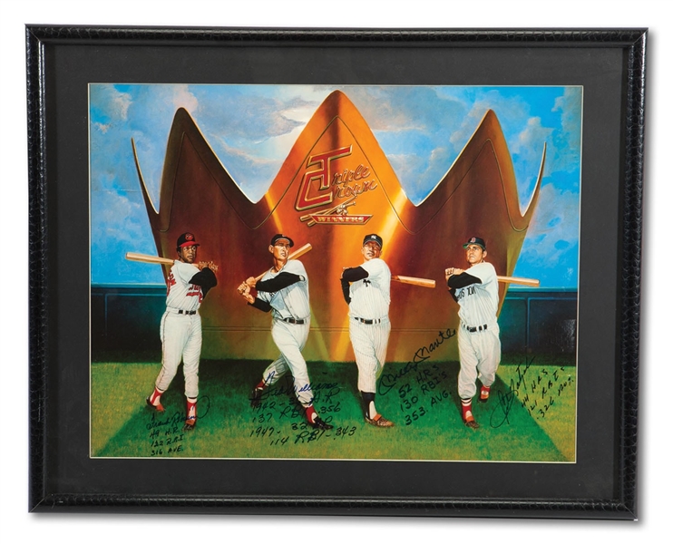 TRIPLE CROWN WINNERS LARGE FORMAT PRINT AUTOGRAPHED BY MANTLE, ROBINSON, WILLIAMS AND YASTRZEMSKI WITH RARE STAT NOTATIONS