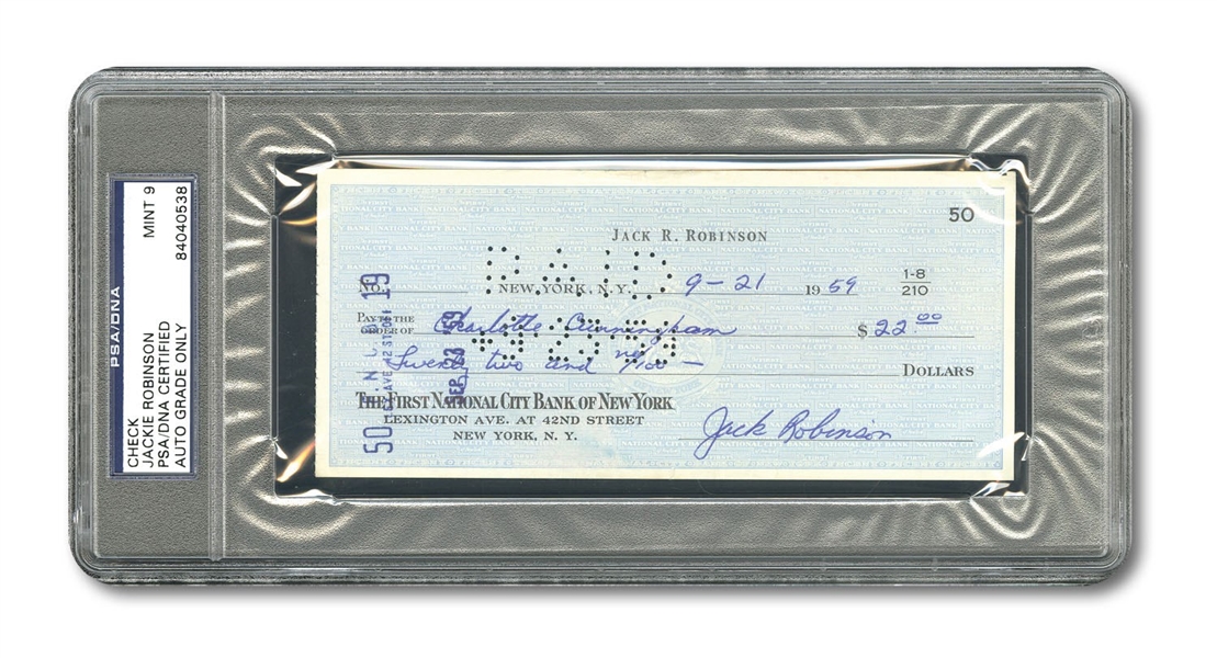1959 JACKIE ROBINSON SIGNED BANK CHECK (PSA/DNA MINT 9 AUTO.)