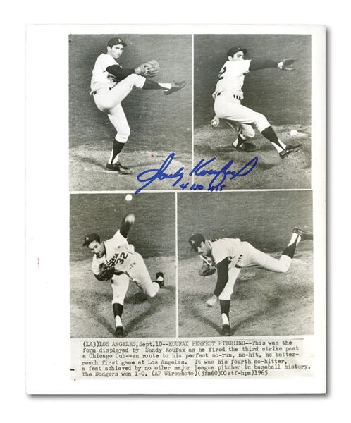 SANDY KOUFAX SIGNED & "4 NO HIT" INSCRIBED 9/9/1965 AP WIRE PHOTO FROM HIS PERFECT GAME (PSA/DNA 10 AUTO,)