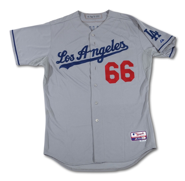 9/19/2013 YASIEL PUIG L.A. DODGERS (ROOKIE) GAME WORN PLAYOFF CLINCHER JERSEY - MEMORABLE CHASE FIELD POOL CELEBRATION! (RESOLUTION PHOTO-MATCHED, MLB AUTH.)