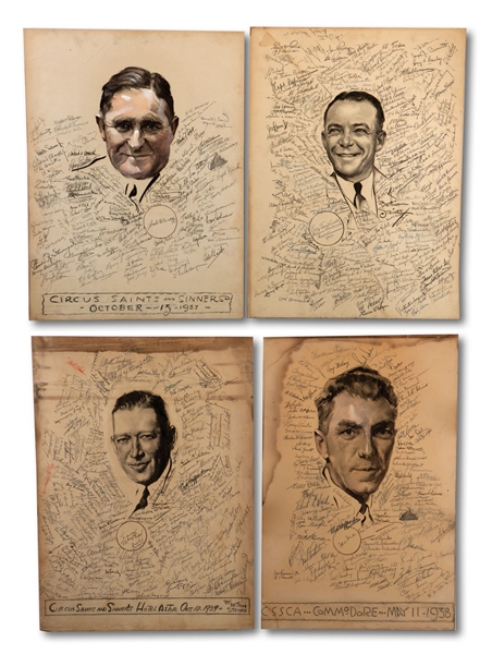 C.1937-42 FORD FRICK, LARRY MacPHAIL, JOE McCARTHY AND BILLY SOUTHWORTH LOT OF (4) SIGNED ORIGINAL (1/1) LARGE CARICATURE ARTWORKS INCL. GEHRIG AUTOGRAPH