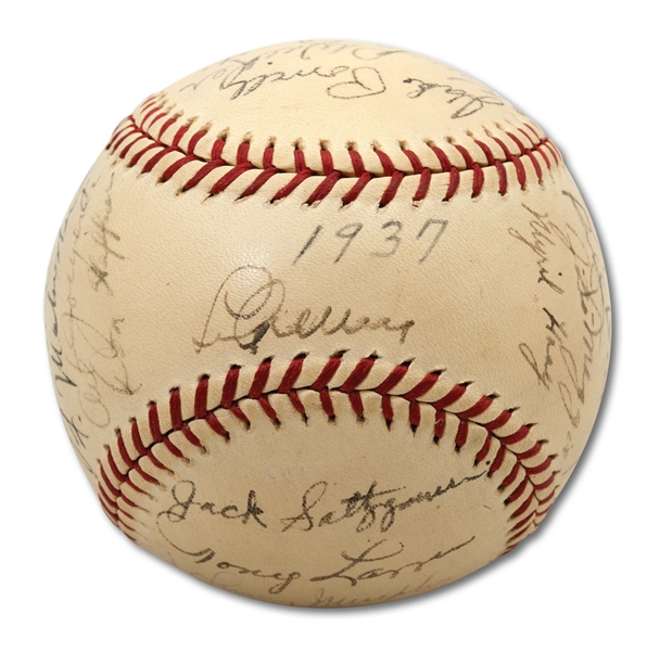 SPECTACULAR 1937 NEW YORK YANKEES WORLD CHAMPION TEAM SIGNED (25 TOTAL) BASEBALL WITH GEHRIG ON SWEET SPOT