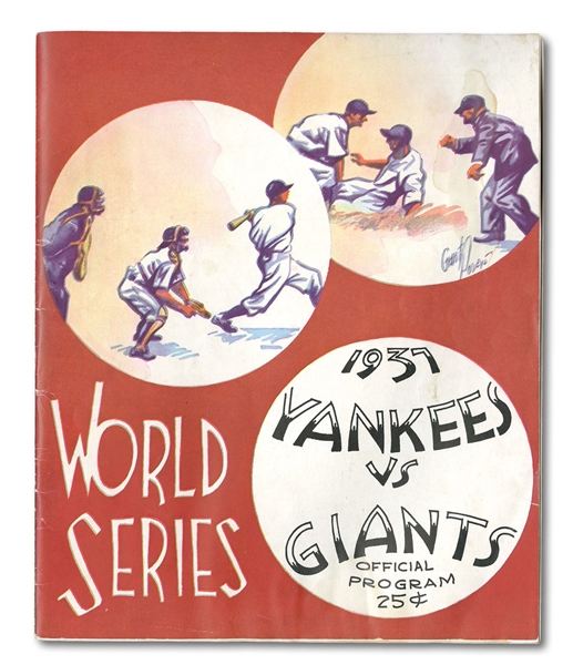 RARE 1937 WORLD SERIES PROGRAM TEAM SIGNED BY 23 NEW YORK YANKEES (INCL. DIMAGGIO) AND 18 NEW YORK GIANTS (INCL. OTT)