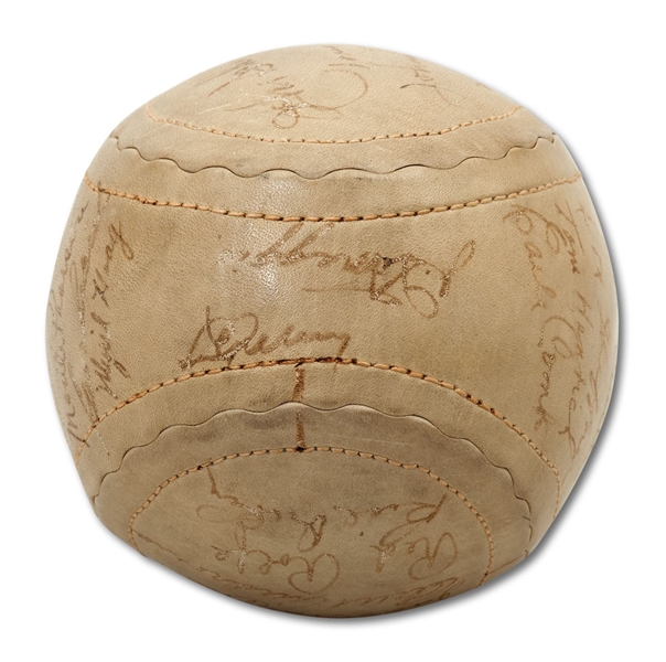 1937 NEW YORK YANKEES WORLD CHAMPION TEAM SIGNED (25 TOTAL) SPALDING SOFTBALL WITH GEHRIG & DIMAGGIO ON SWEET SPOT