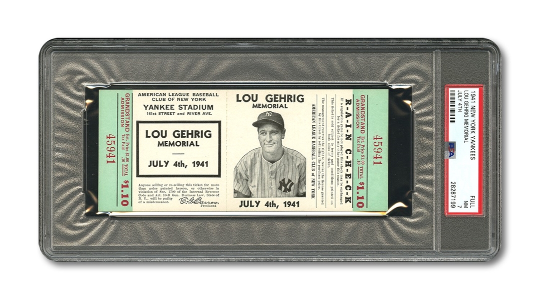 LOU GEHRIG MEMORIAL DAY  JULY 4, 1941 FULL UNUSED TICKET - PSA NM 7 (ONLY 1 HIGHER)