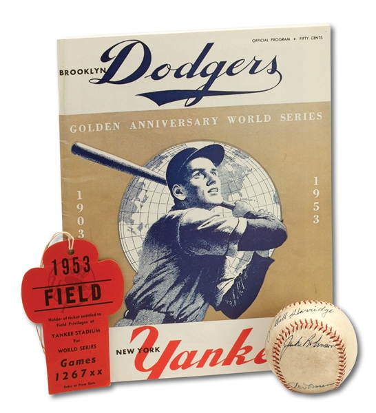 1953 WORLD SERIES GAME 1 (YANKEES VS. DODGERS) USED BALL SIGNED BY (11) INCL. JACKIE ROBINSON, MANTLE, BERRA, HARRIDGE, JACK DEMPSEY, ETC. - PLUS WORLD SERIES PROGRAM AND FIELD PASS (MEARS)