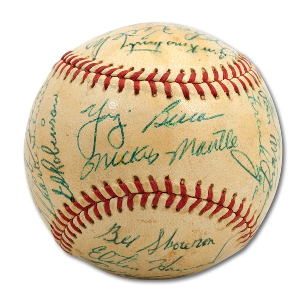 1955 NEW YORK YANKEES A.L. CHAMPION TEAM SIGNED BASEBALL (28 TOTAL) WITH A NICE MANTLE