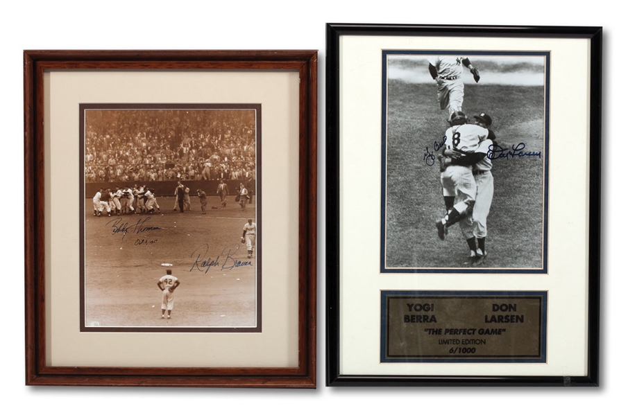 PAIR OF DUAL SIGNED PHOTOGRAPHS COMMEMORATING "LARSENS PERFECT GAME" (BERRA/LARSEN) AND THE "SHOT HEARD ROUND THE WORLD" (THOMSON/BRANCA)