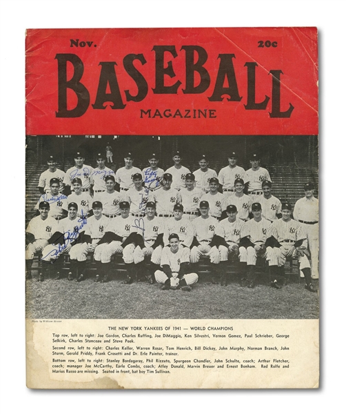 NOV. 1941 BASEBALL MAGAZINE ISSUE SIGNED BY FIVE NEW YORK YANKEE HALL OF FAMERS INCL. DIMAGGIO, RIZZUTO, GOMEZ & DICKEY